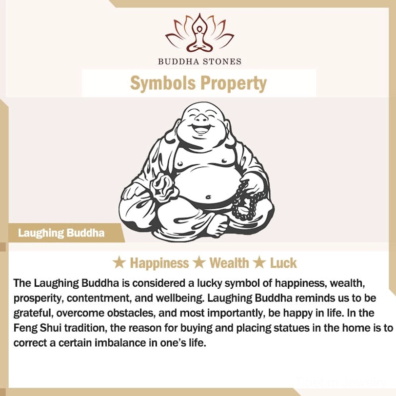 Laughing Buddha Feng Shui symbol guide - illustration and text explaining happiness wealth luck and prosperity meanings
