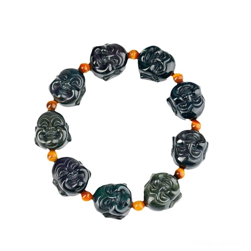 Laughing Buddha obsidian bracelet neutral background - full strand with carved Buddha beads and tiger eye orange spacer beads