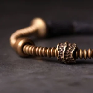 Close-up side view of lava rock and polished copper bead detail showing texture and hammered metal work