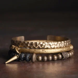 Lava rock copper balance cuff bracelet set - multi-layer stackable design with antique gold hammered metal accents and volcanic stone beads
