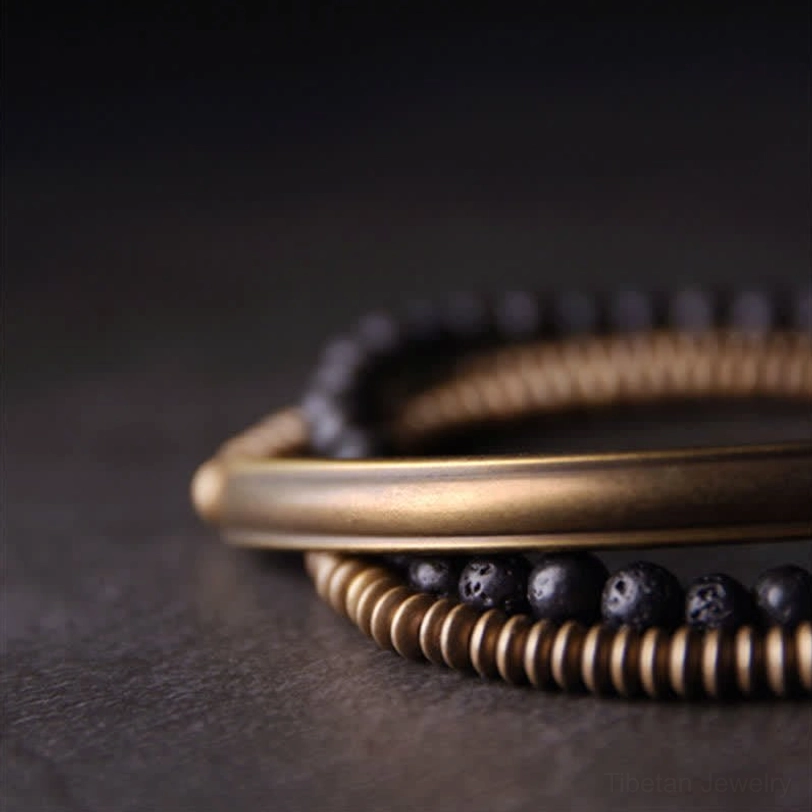 Natural black lava rock beads with vintage copper components - handcrafted grounding jewelry detail