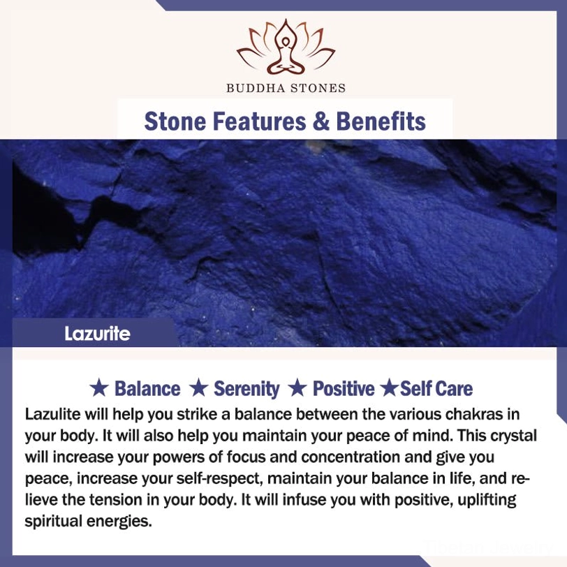 Lazurite crystal guide card showing spiritual benefits and chakra balancing properties