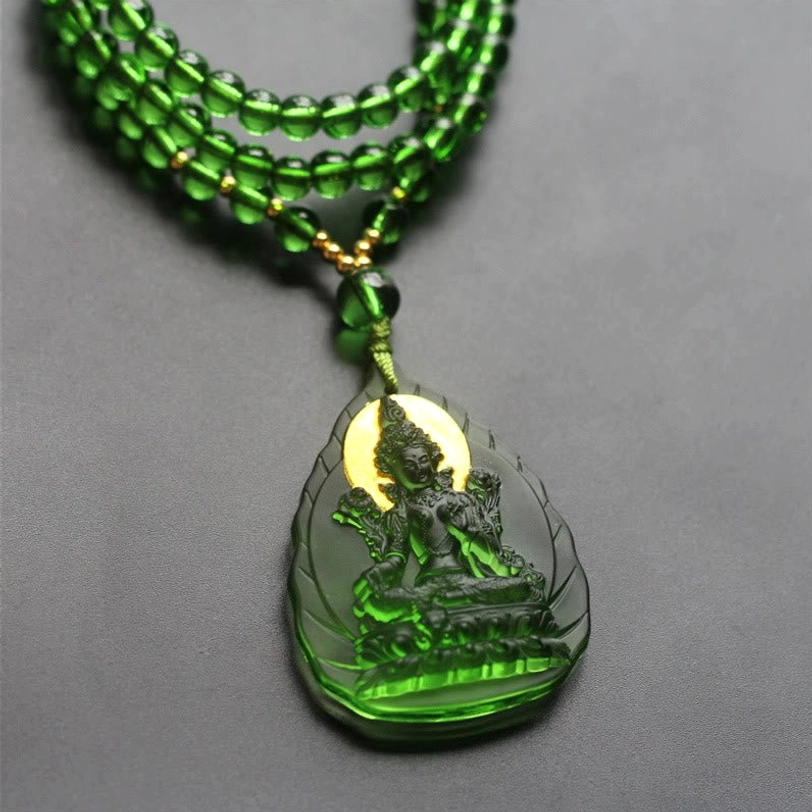Leaf Green Tara beaded necklace with double-layer green chain, embossed Buddha and gold halo detail