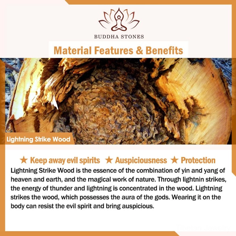 Lightning strike wood material properties and spiritual benefits infographic, showcasing natural texture and protection auspicious functions