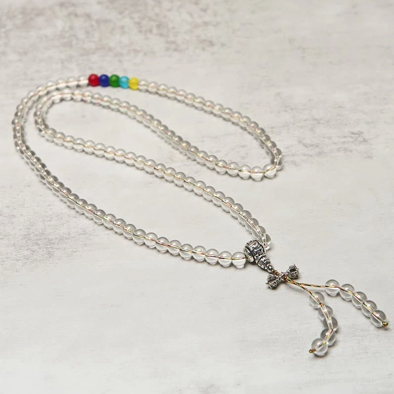 Long Liuli glass mala necklace with rainbow chakra beads and metal tassel spiritual jewelry