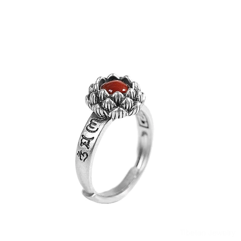 Red agate lotus silver ring adjustable band design, vintage aesthetic spiritual piece