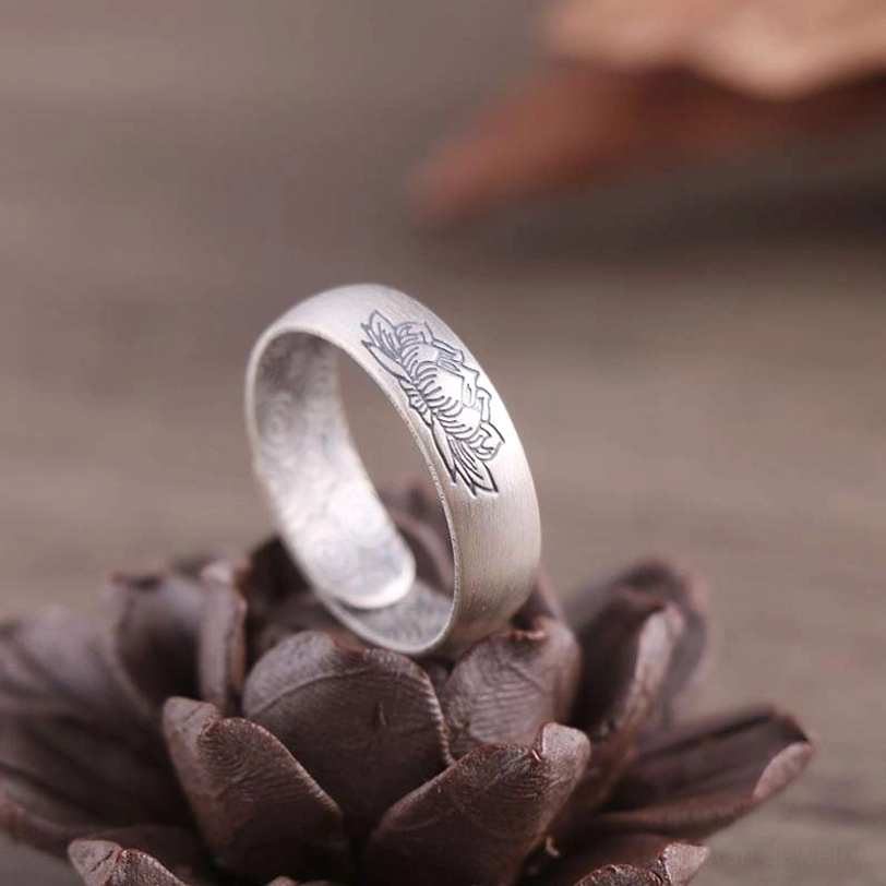 lotus engraved sterling silver blessing ring with cloud pattern - open adjustable band vintage silver tone