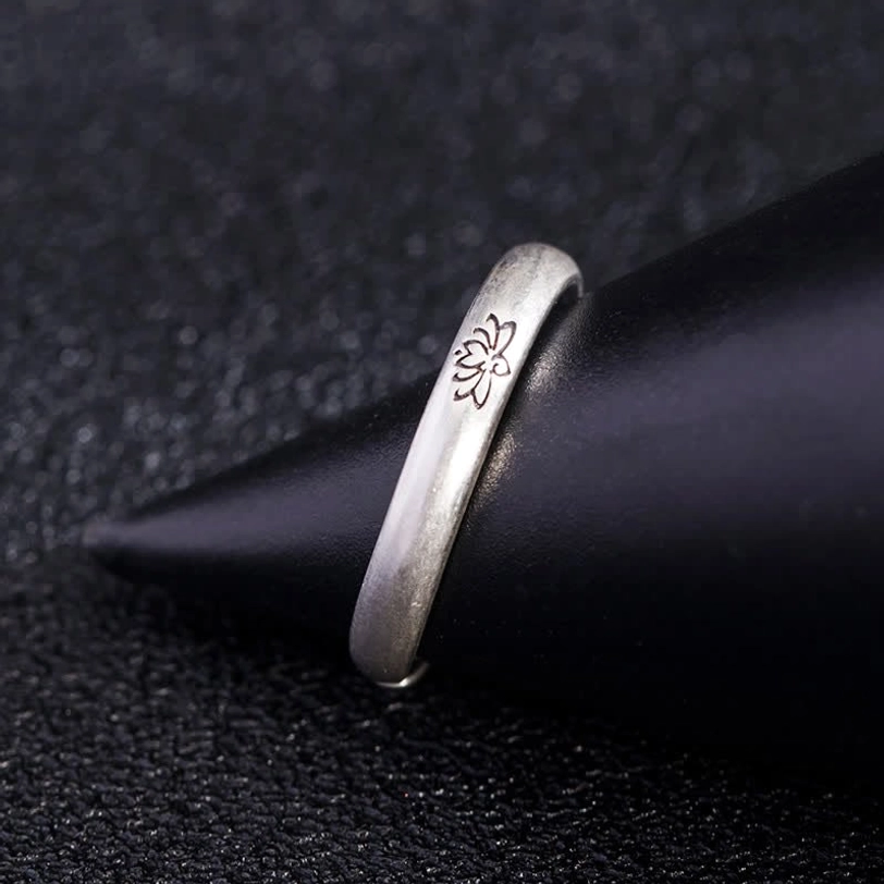 925 sterling silver lotus open ring side angled view with matte silver tone finish