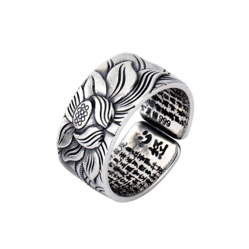 999 Sterling Silver Lotus Heart Sutra adjustable ring showing open band design fitting most finger sizes, front view lifestyle shot