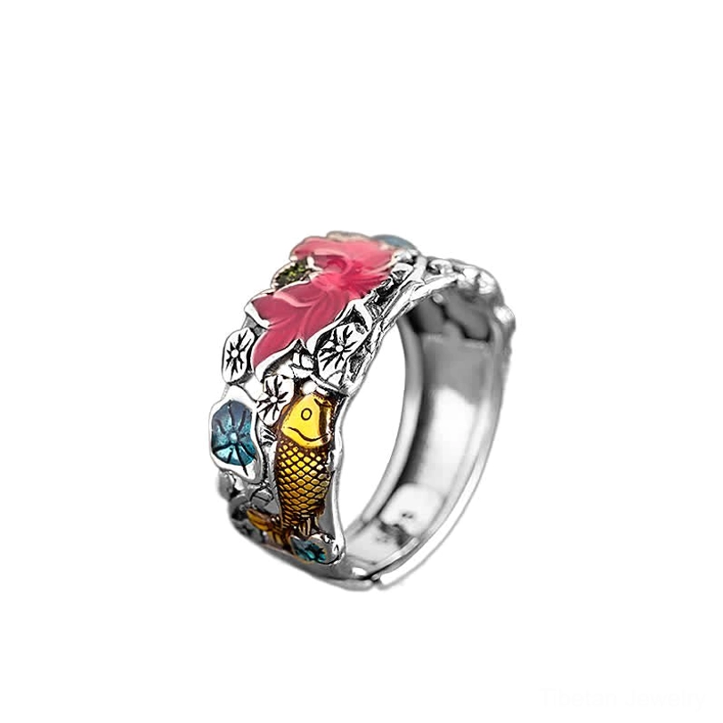 Full front view of lotus koi fish sterling silver ring showing complete outer carved patterns and enamel work