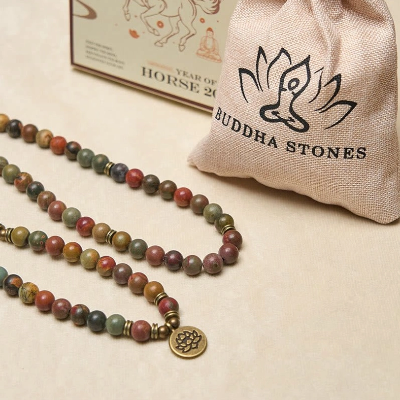 Tibetan mala bracelets with Buddha Stones branded linen pouch gift packaging spiritual practice set