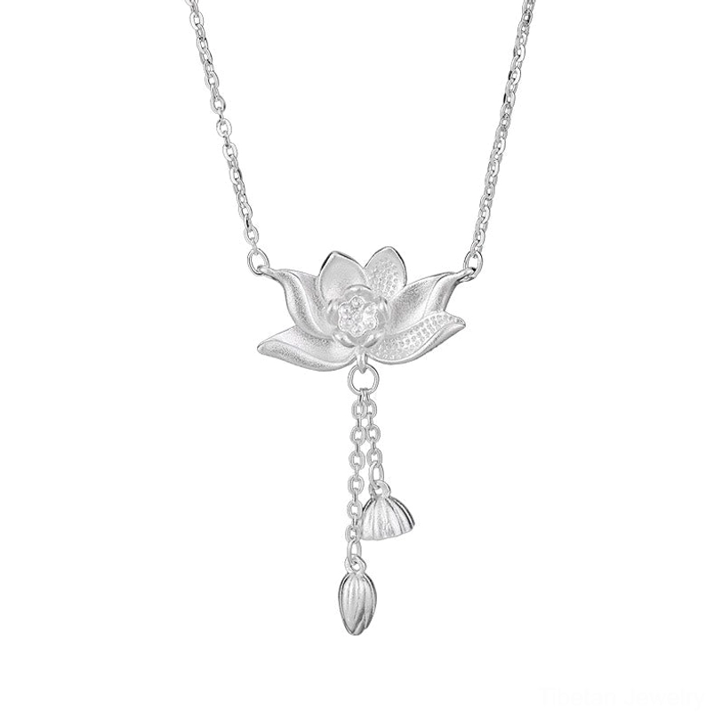 999 sterling silver lotus flower pod pendant necklace styled on model wearing spiritual enlightenment jewelry