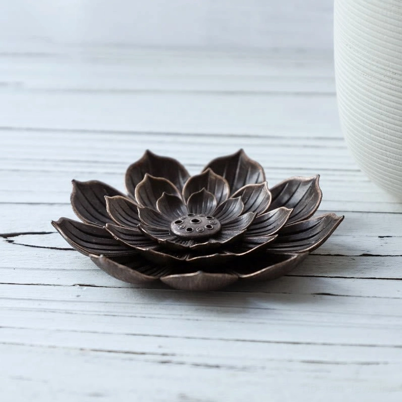 Tibetan lotus incense holder with multi-layered petal design, showing 3D bronze structure and six incense stick holes