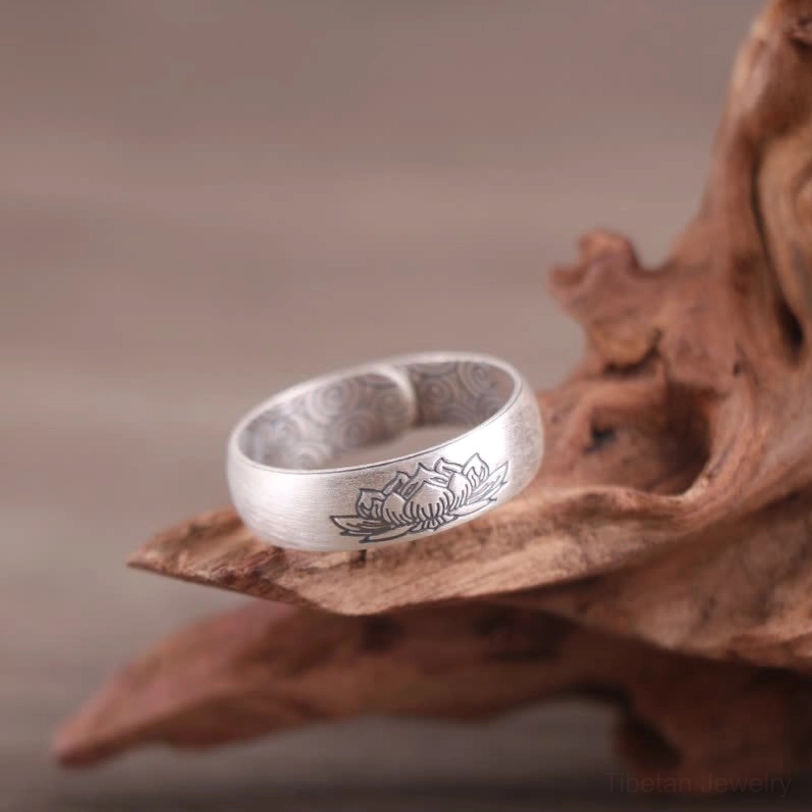 lotus flower sterling silver adjustable ring - tibetan blessed symbol for rebirth and enlightenment