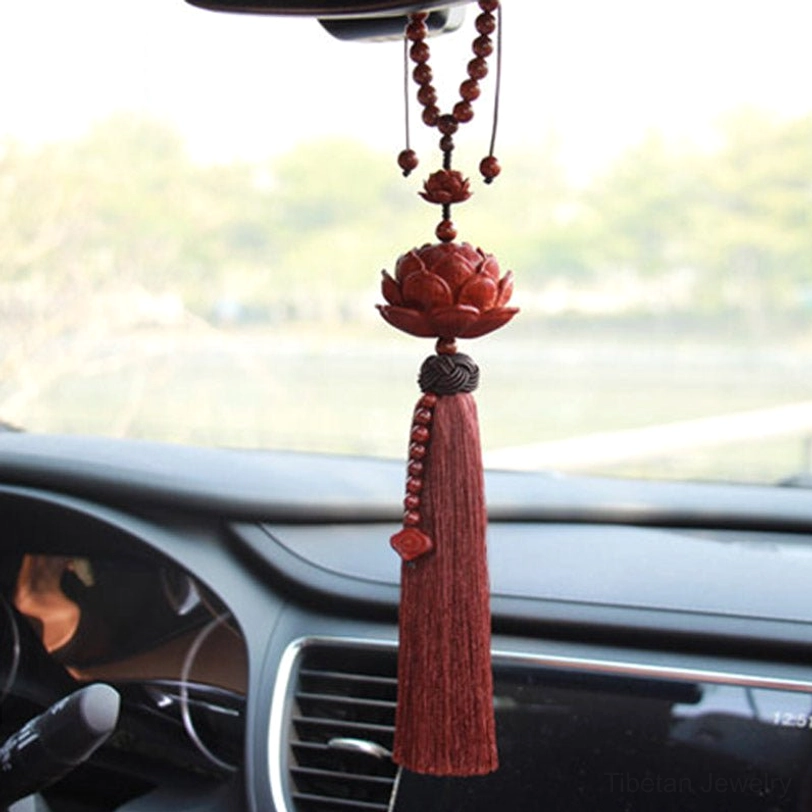 Tibetan red sandalwood lotus tassel car hanging decoration and bracelet gift set with protective energy