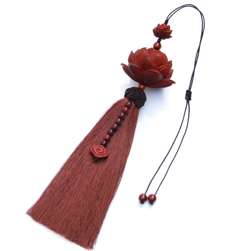 Tibetan lotus tassel decoration in multiple color options red brown and green for home and car use