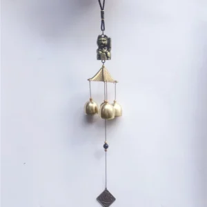 Lucky Cat Wind Chime front view pagoda top three brass bells fortune tag Tibetan spiritual charm