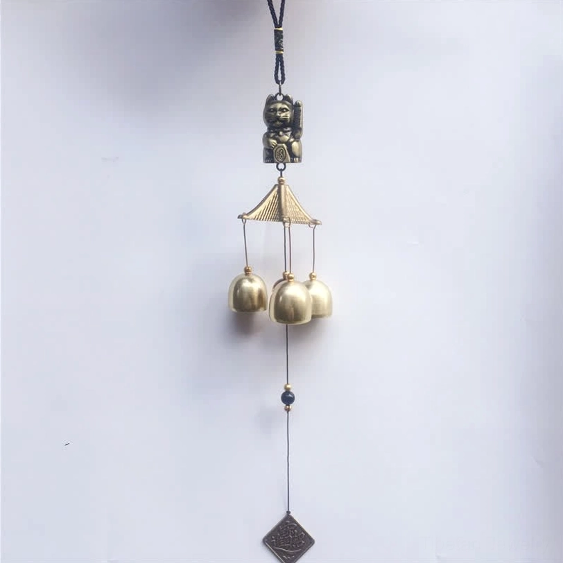 Lucky Cat Wind Chime front view pagoda top three brass bells fortune tag Tibetan spiritual charm