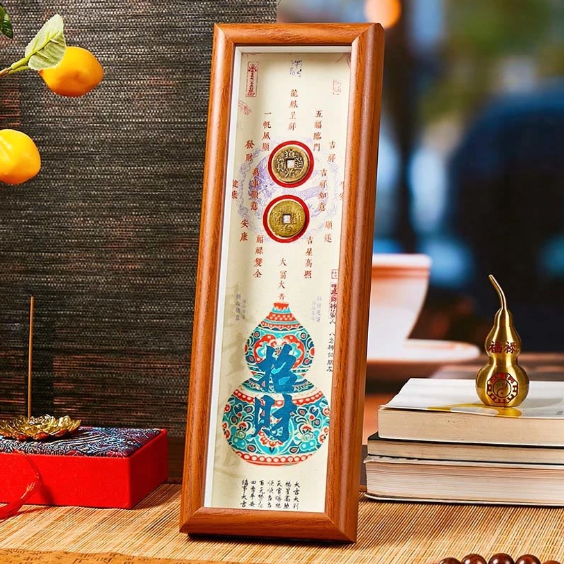 Lucky blue gourd copper coins photo frame home desk ornament style 3 front angle