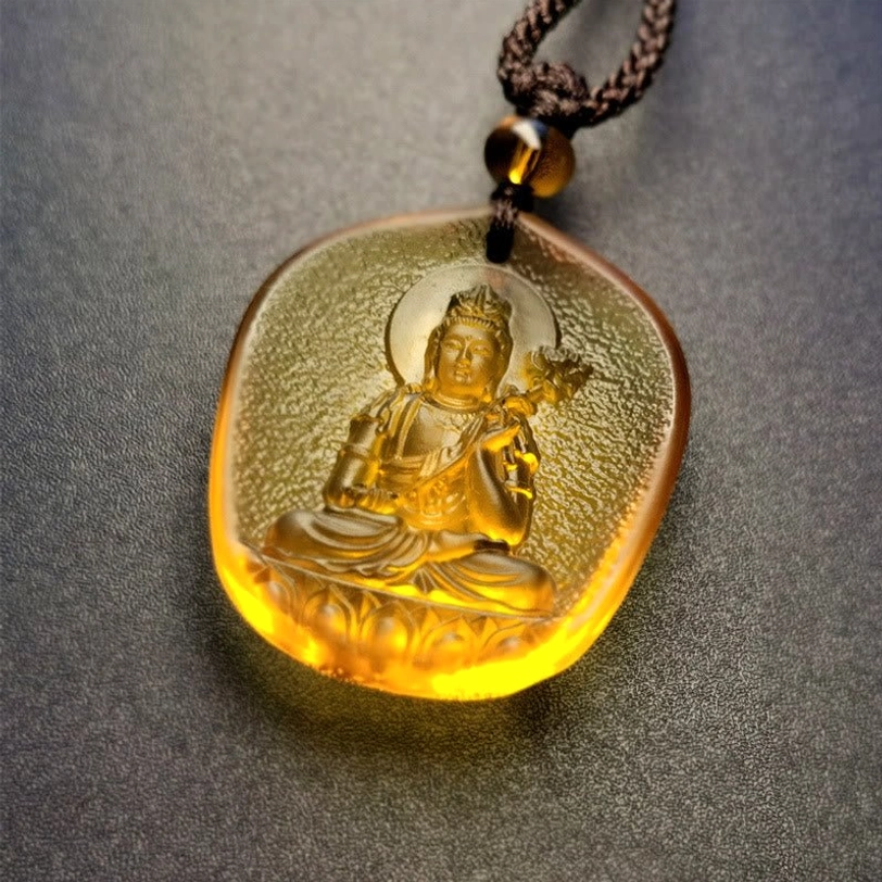 Horse Mahasattva Bodhisattva Liuli crystal pendant necklace with seated Buddha figure and floral sacred details
