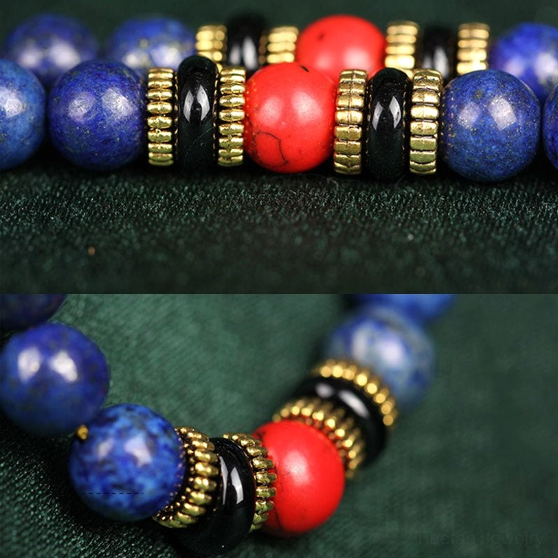 Macro close-up of lapis lazuli and red turquoise mala beads showing natural stone texture with brass spacers