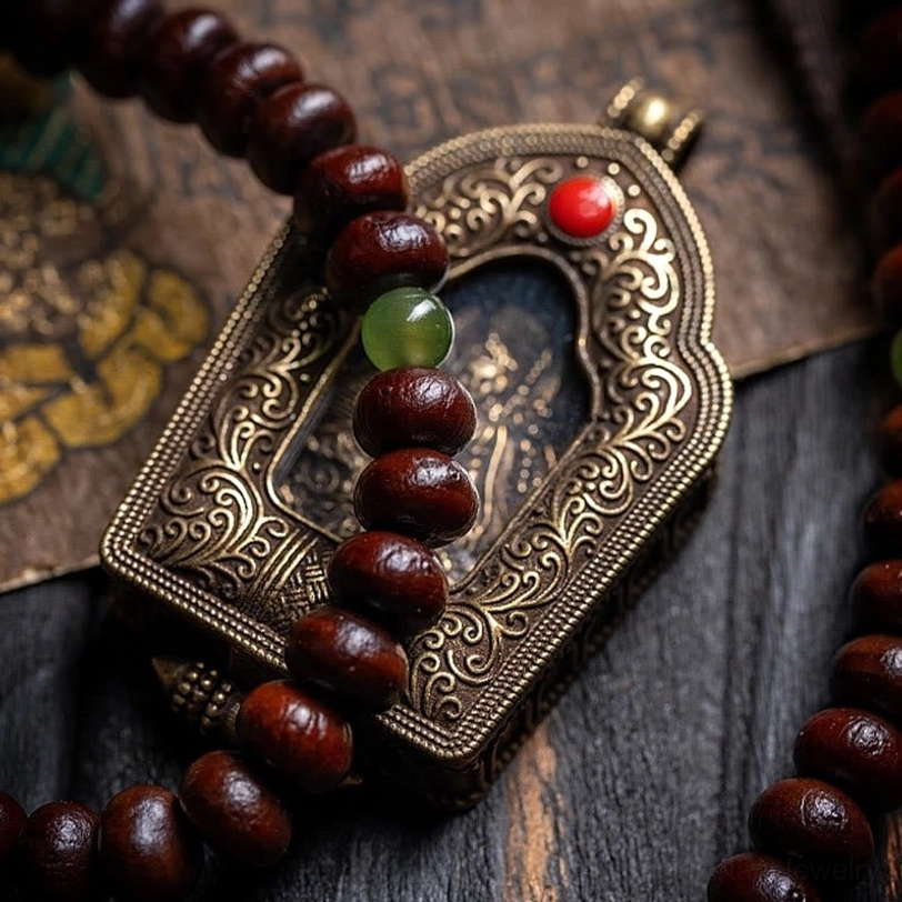 Tibetan mala prayer beads with vintage brass amulet box and purple bodhi seeds