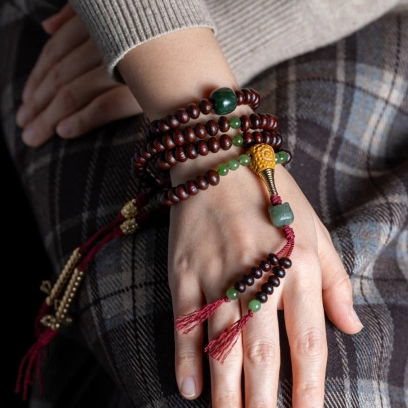 Tibetan mala prayer bracelet 9mm non-elastic cotton rope with purple bodhi and jade