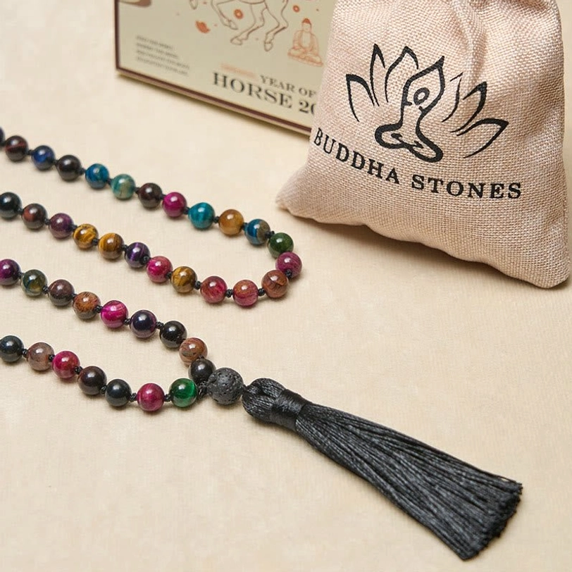 Multicolor tiger eye 108 bead mala necklace packaged with Buddha Stones branded storage pouch and presentation box