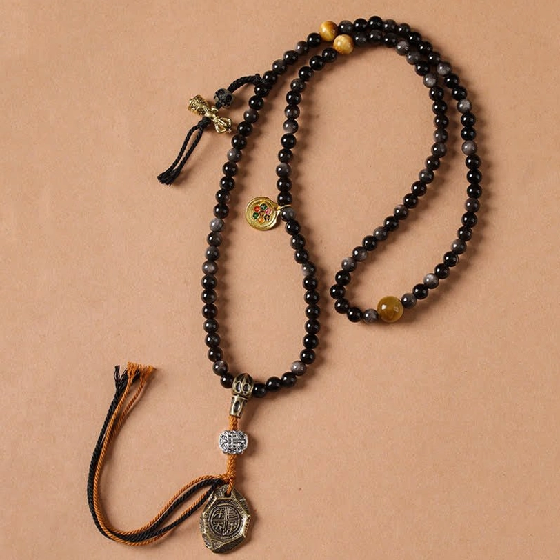 Mala prayer bead obsidian necklace with engraved metal charm and mixed metal details