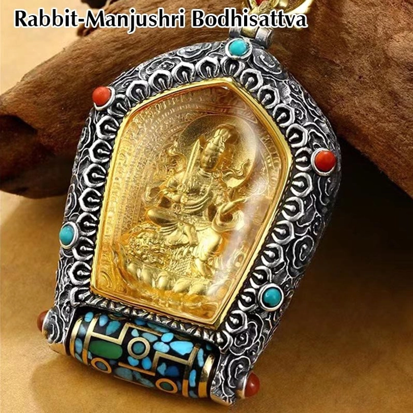 Manjushri Bodhisattva pendant Rabbit zodiac natal Buddha with inlaid gemstones