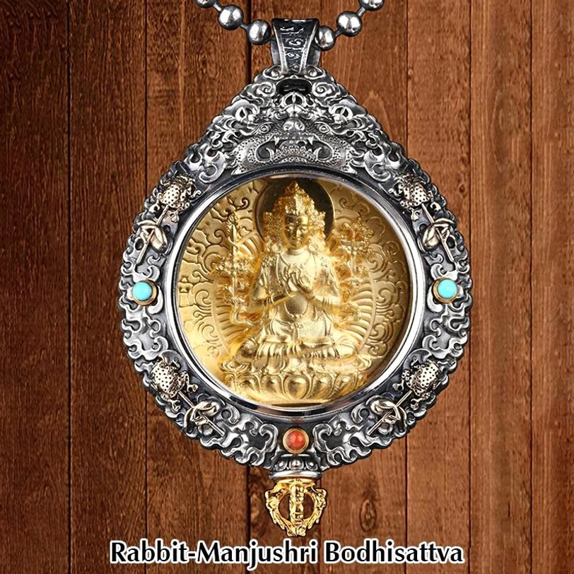 Manjushri Bodhisattva guardian pendant for Rabbit zodiac with vintage carved frame