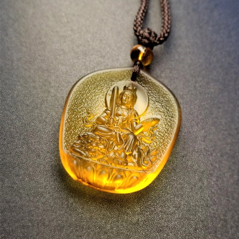 Rabbit Manjushri Bodhisattva Liuli pendant necklace showing Buddha riding lion with carved sword and wisdom symbolism