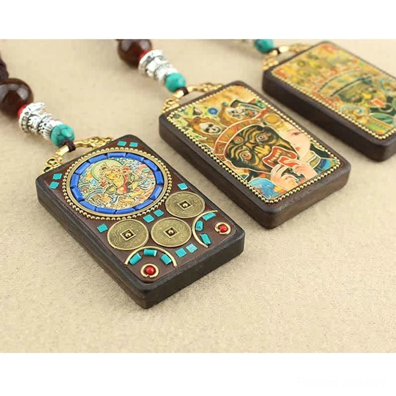 Tibetan Manjushri thangka pendant necklace with hand-painted wisdom deity and traditional Buddhist iconography