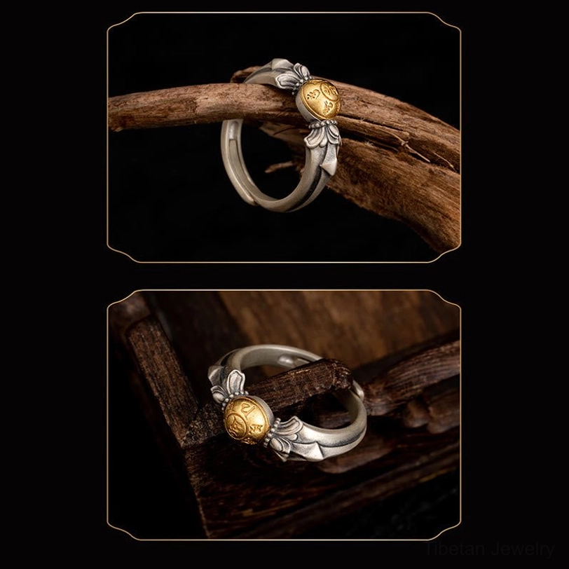 Dual-tone sacred Manjusri Om Mani Padme Hum adjustable ring displayed on wooden twig and box, showing versatile styling options