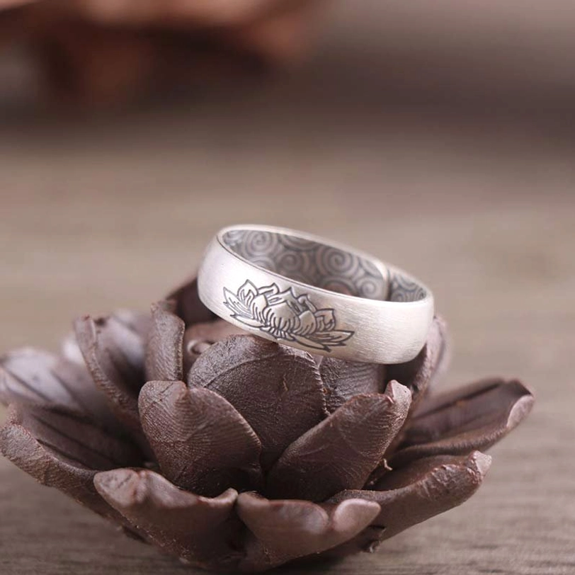 brushed matte sterling silver lotus ring with tibetan blessing engraving - open band adjustable fit