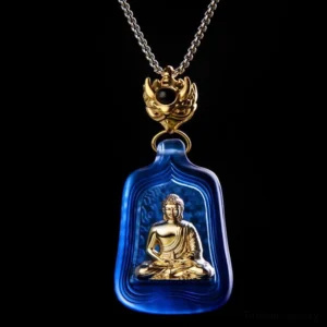 Close-up detail of blue frosted Liuli crystal pendant with golden Buddha and decorative gold clasp with black bead accent