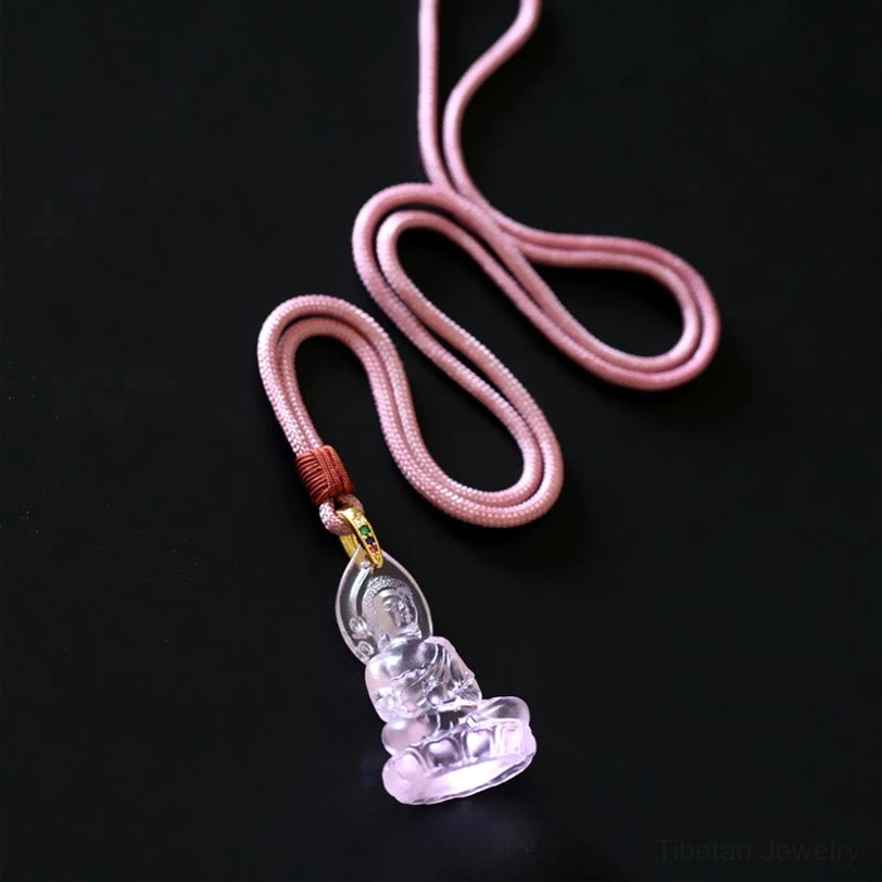 Medicine Buddha Liuli pendant necklace lifestyle presentation, showing length and wearable positioning with spiritual symbolism