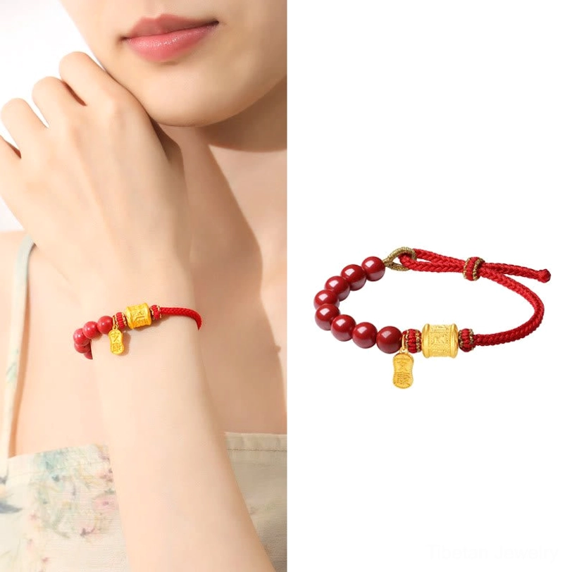 Tibetan sacred red string cinnabar bracelet with engraved om mani padme hum silver bead meditation tool