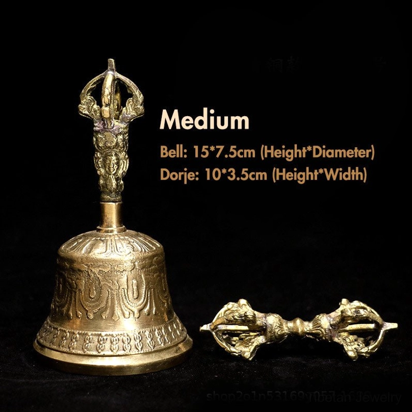 Medium Tibetan bell and dorje set scaled display showing 14cm x 7.5cm bell with 10cm x 3.5cm dorje handcrafted copper spiritual instrument