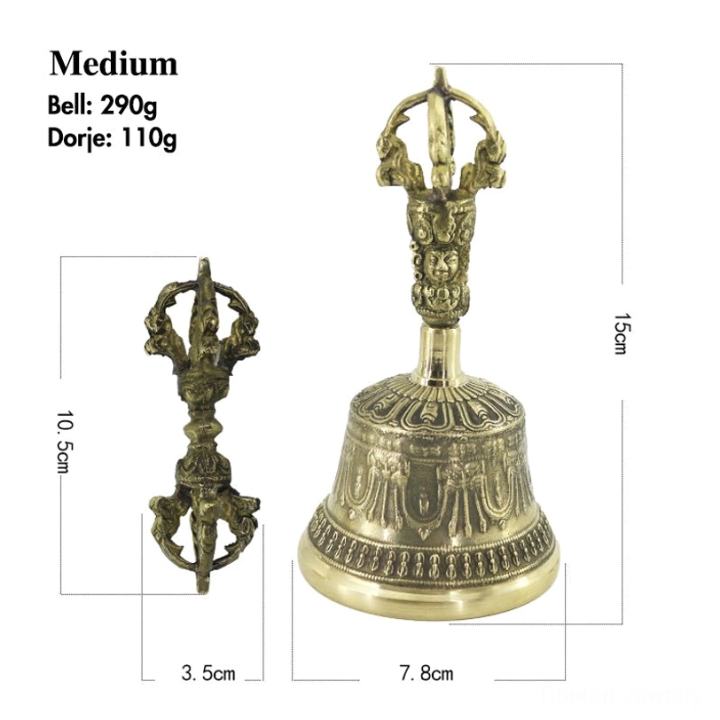 Medium size Tibetan bell and dorje set with size labels - professional grade meditation ritual instruments