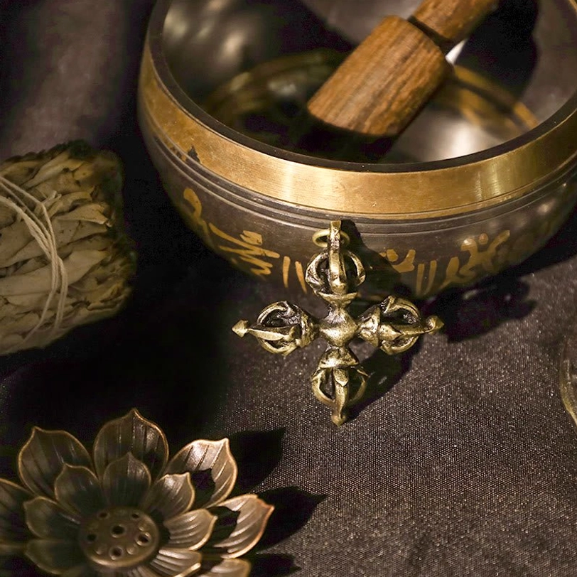Small handcrafted double dorje vajra pendant with singing bowl and lotus incense holder - complete Tibetan meditation practice set with aged brass