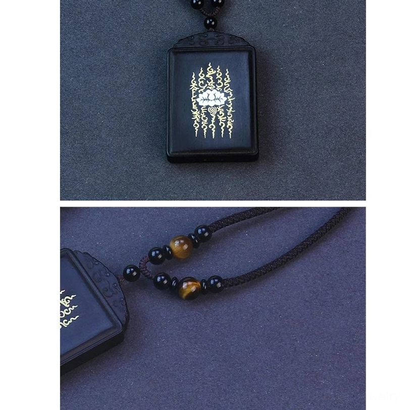 Close-up of mini square lotus pendant with inlaid silver designs and partial beaded cord
