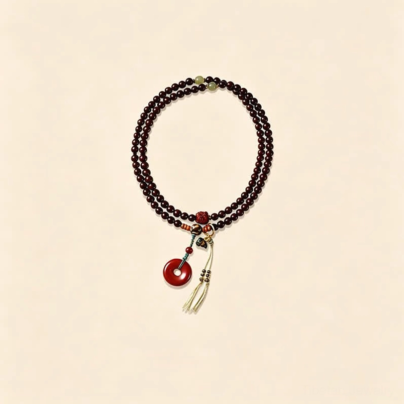 Mini tibetan 108 bead mala with small red sandalwood beads, peace buckle, and beige tassel on light background
