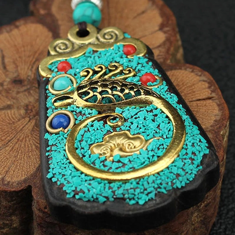 Money Tree Tibetan thangka pendant variant featuring prosperity growth symbolism with traditional Buddhist artwork and ebony frame