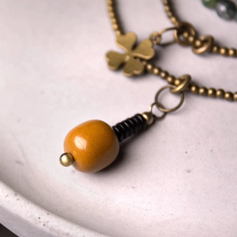 Brass four-leaf clover charm and orange wooden pendant components for moss agate copper multilayer bracelet
