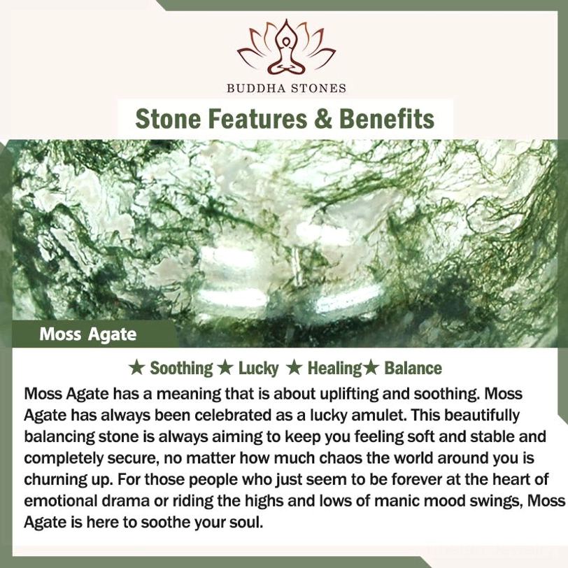 Moss agate healing properties information card, featuring stone texture photo and wellness benefits for spiritual practice