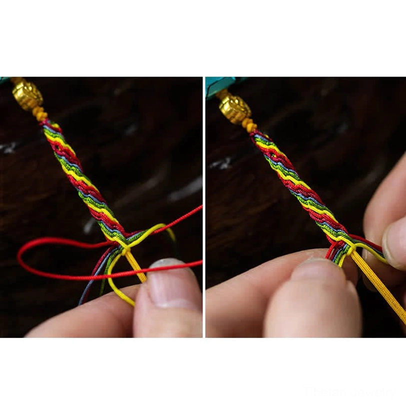 Multicolor Tibetan blessing bracelet with Gold Swallowing Beast charm and spiritual protection cord