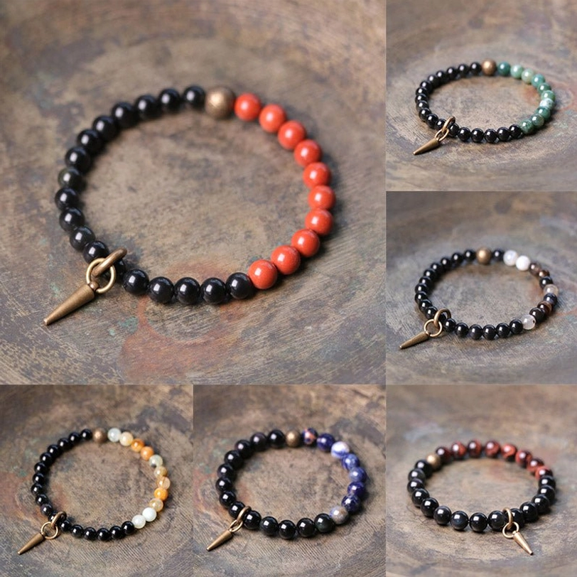 Multiple couple bracelet styles collage featuring various mixed-stone combinations with unified copper spike clasps - healing crystal bracelet collection