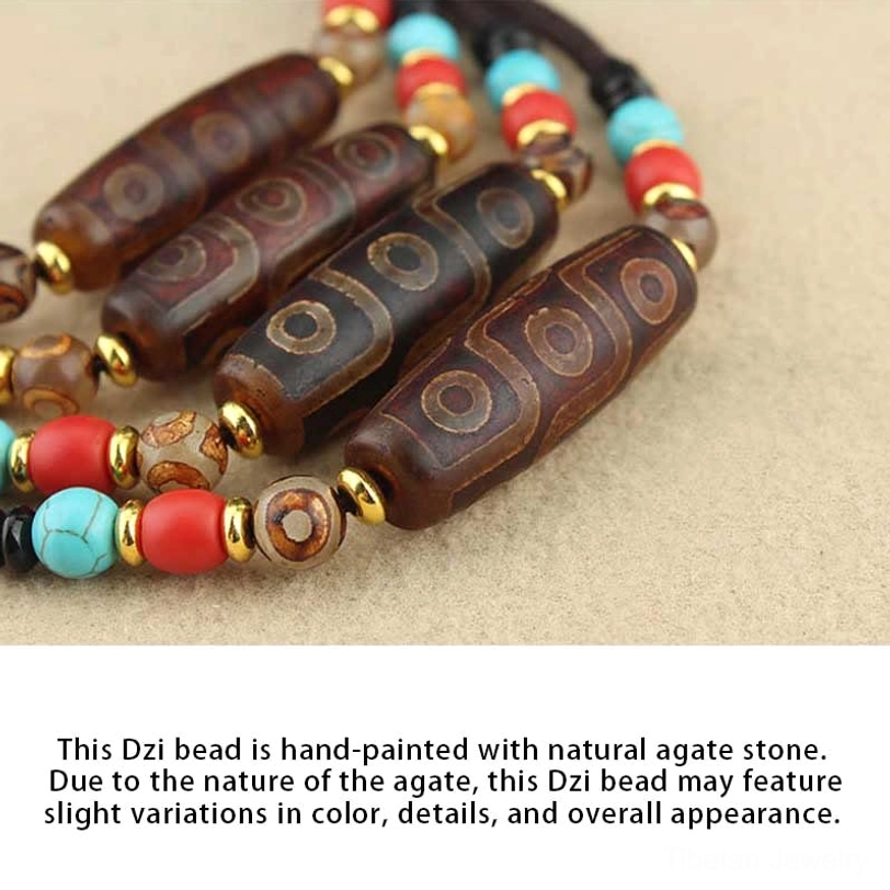 Assorted natural agate dzi bead pendants overhead view featuring various eye-patterned authentic beads with product description text