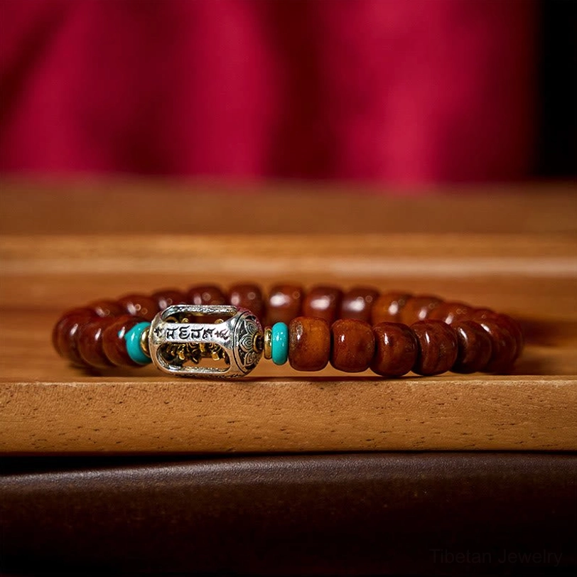Natural bone bead Dzi bracelet with turquoise accents and red tassel spiritual amulet
